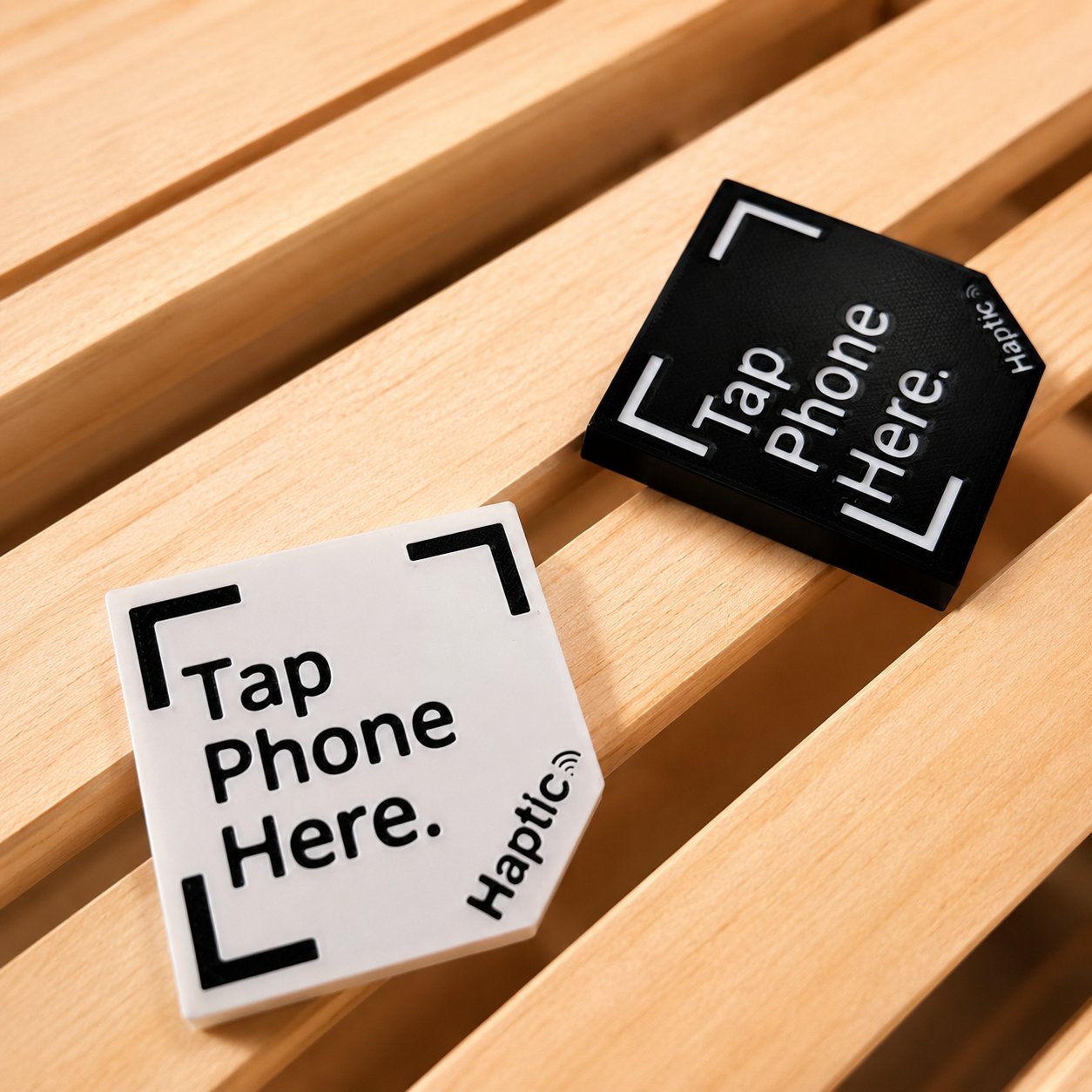 Haptic NFC squares in matte white and matte black